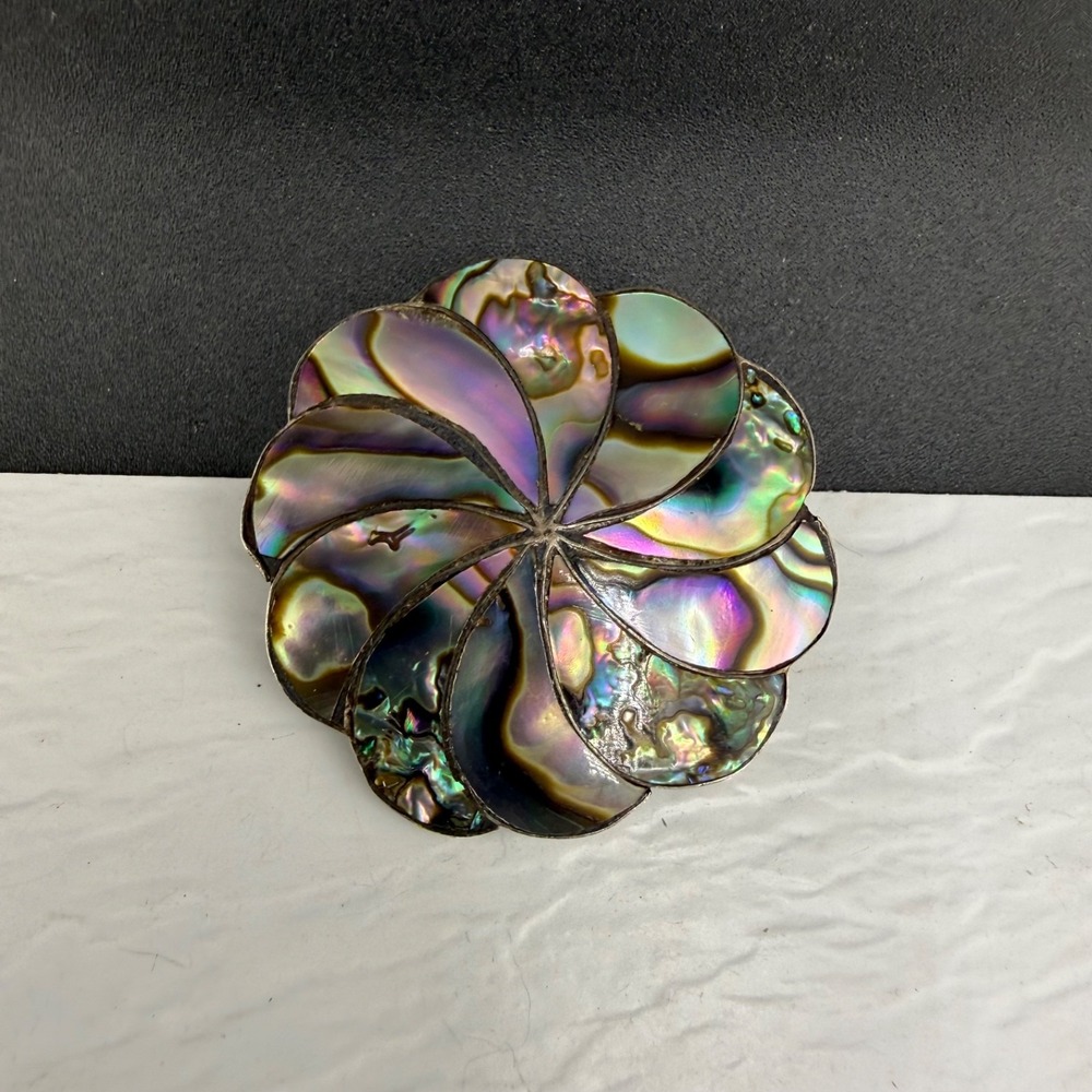 Vintage Taxco Estate Sterling Silver Flower Brooch Pinwheel Abalone Inlay